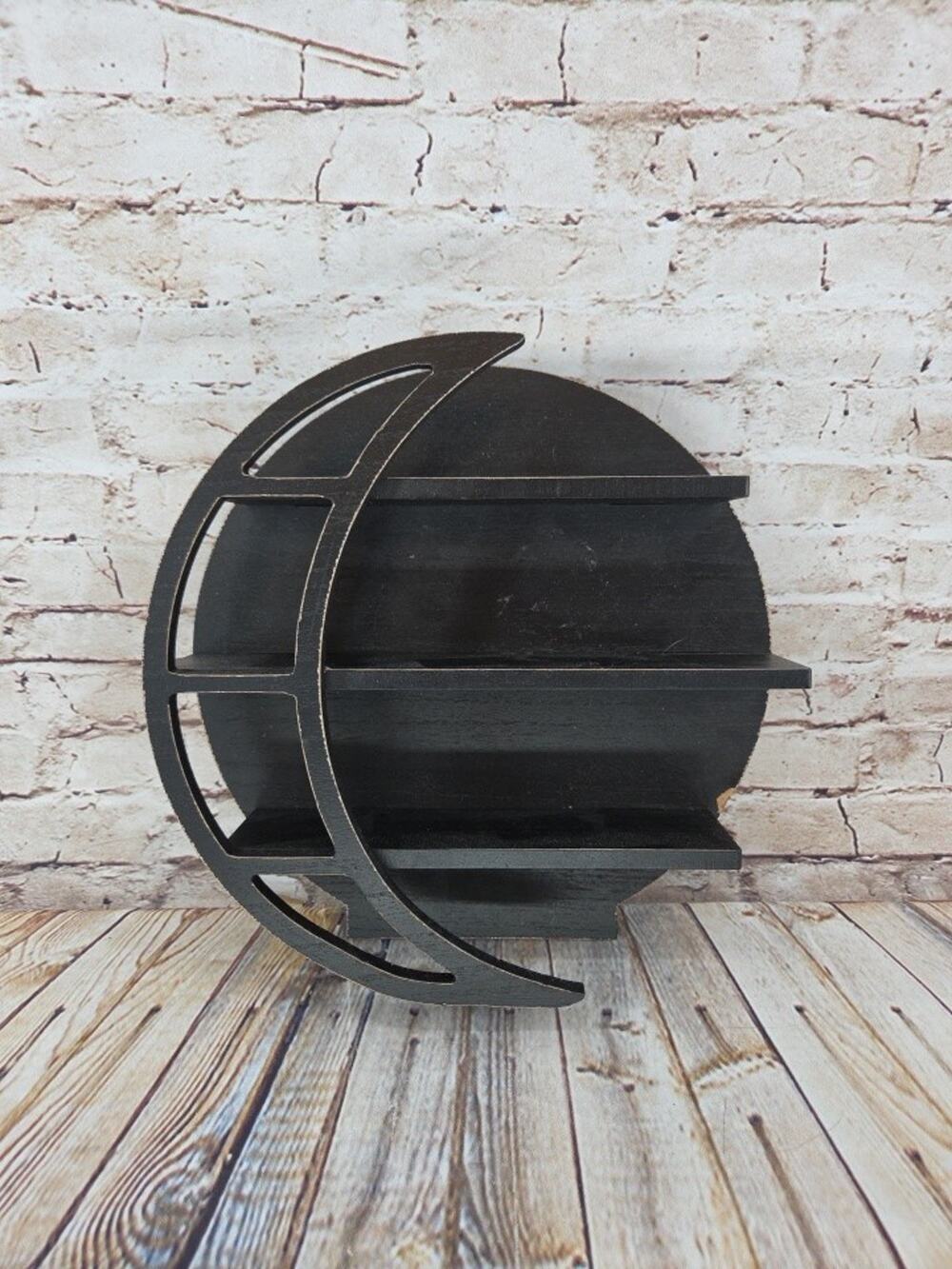 Dark Black Wood Crescent Moon Display Shelf For Trinkets Or Crystals
